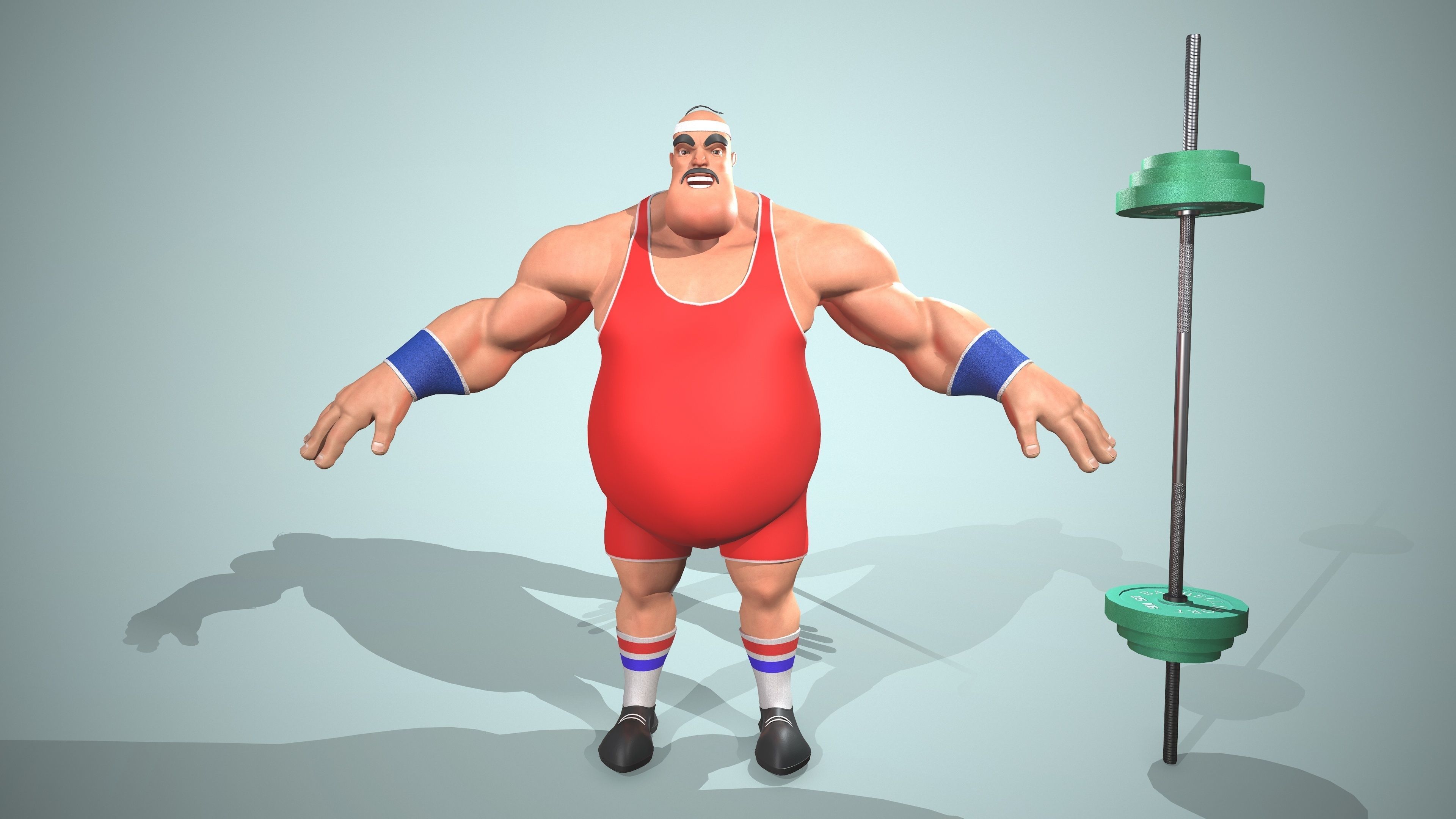 Bodybuilder cartoon character holding barbell Low-poly 3D model_1