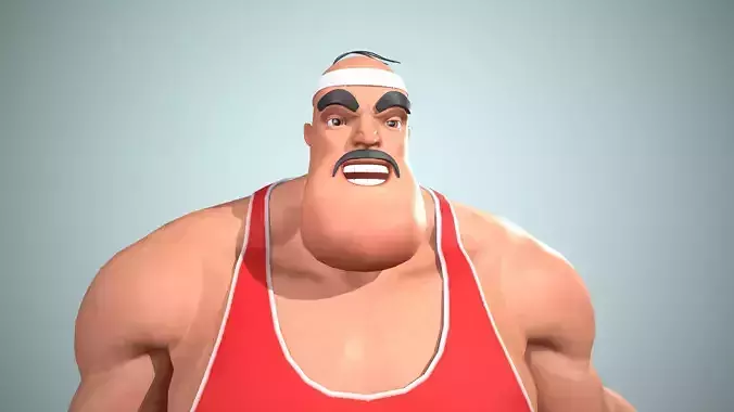 Bodybuilder cartoon character holding barbell Low-poly 3D model