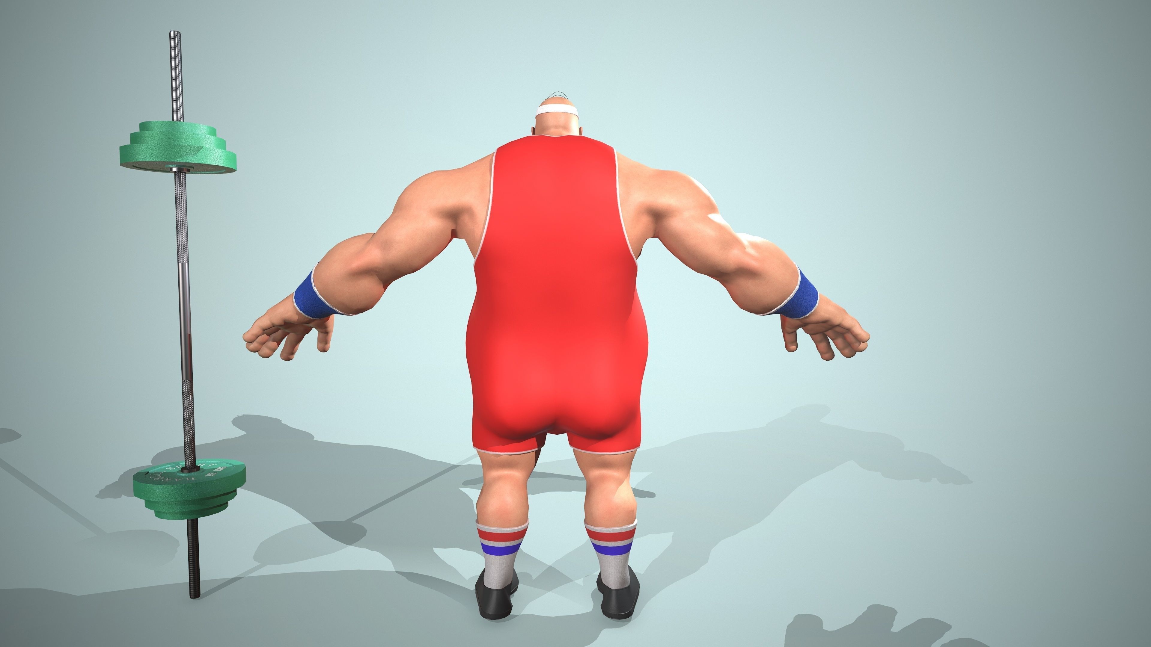 Bodybuilder cartoon character holding barbell Low-poly 3D model_5
