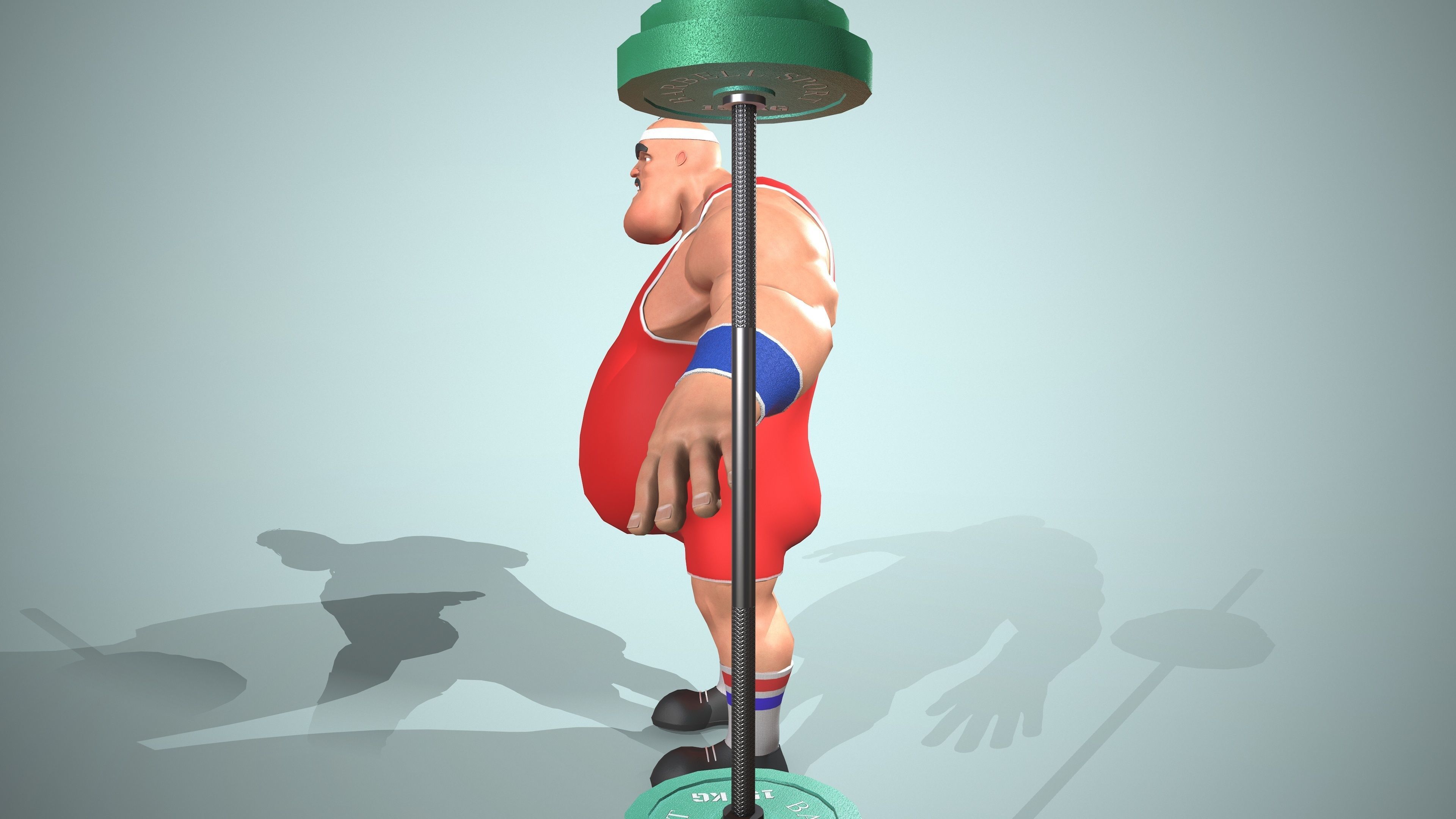 Bodybuilder cartoon character holding barbell Low-poly 3D model_7