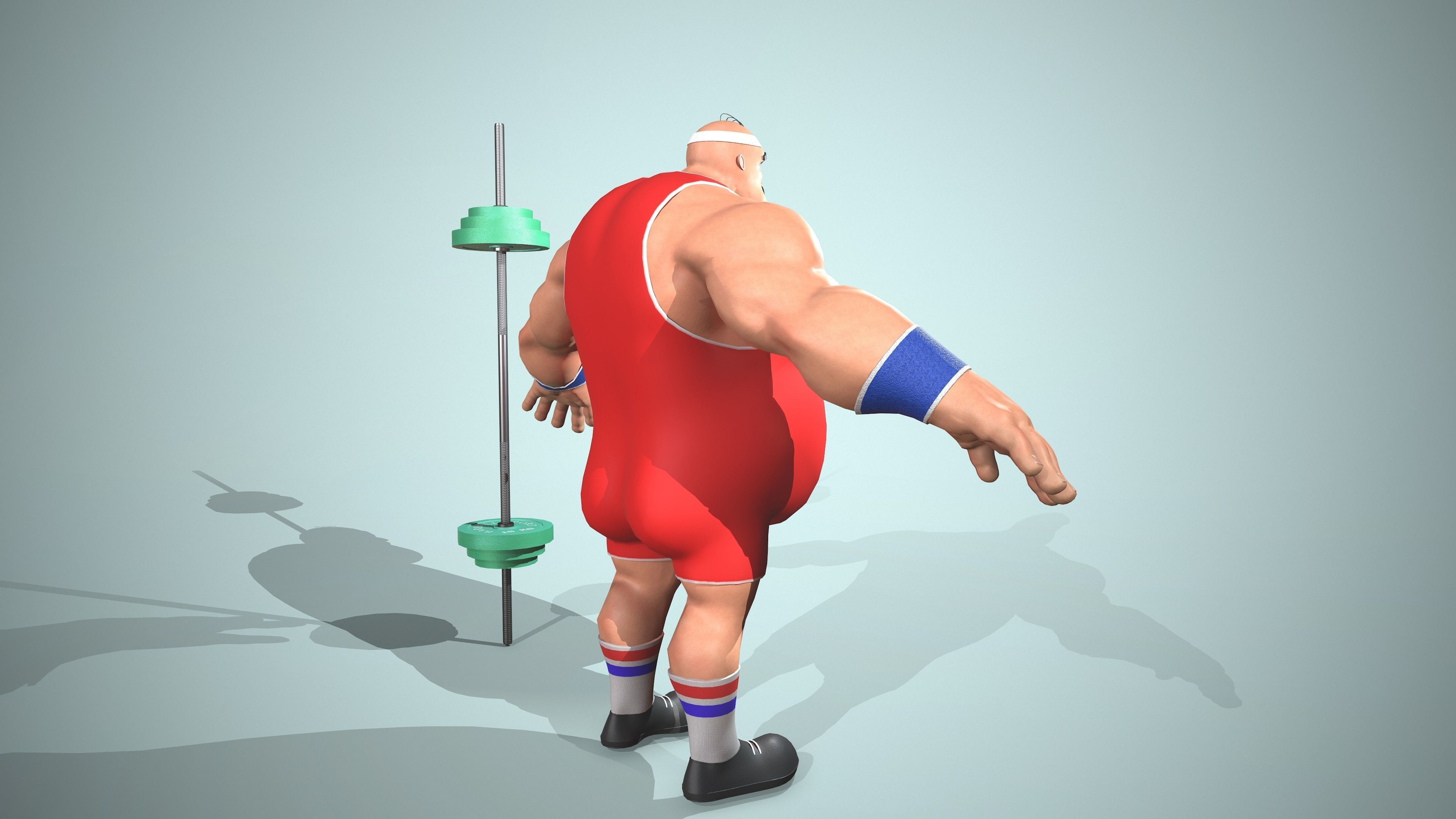 Bodybuilder cartoon character holding barbell Low-poly 3D model_4