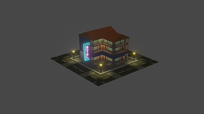 Motel building with neon lights Low-poly 3D model