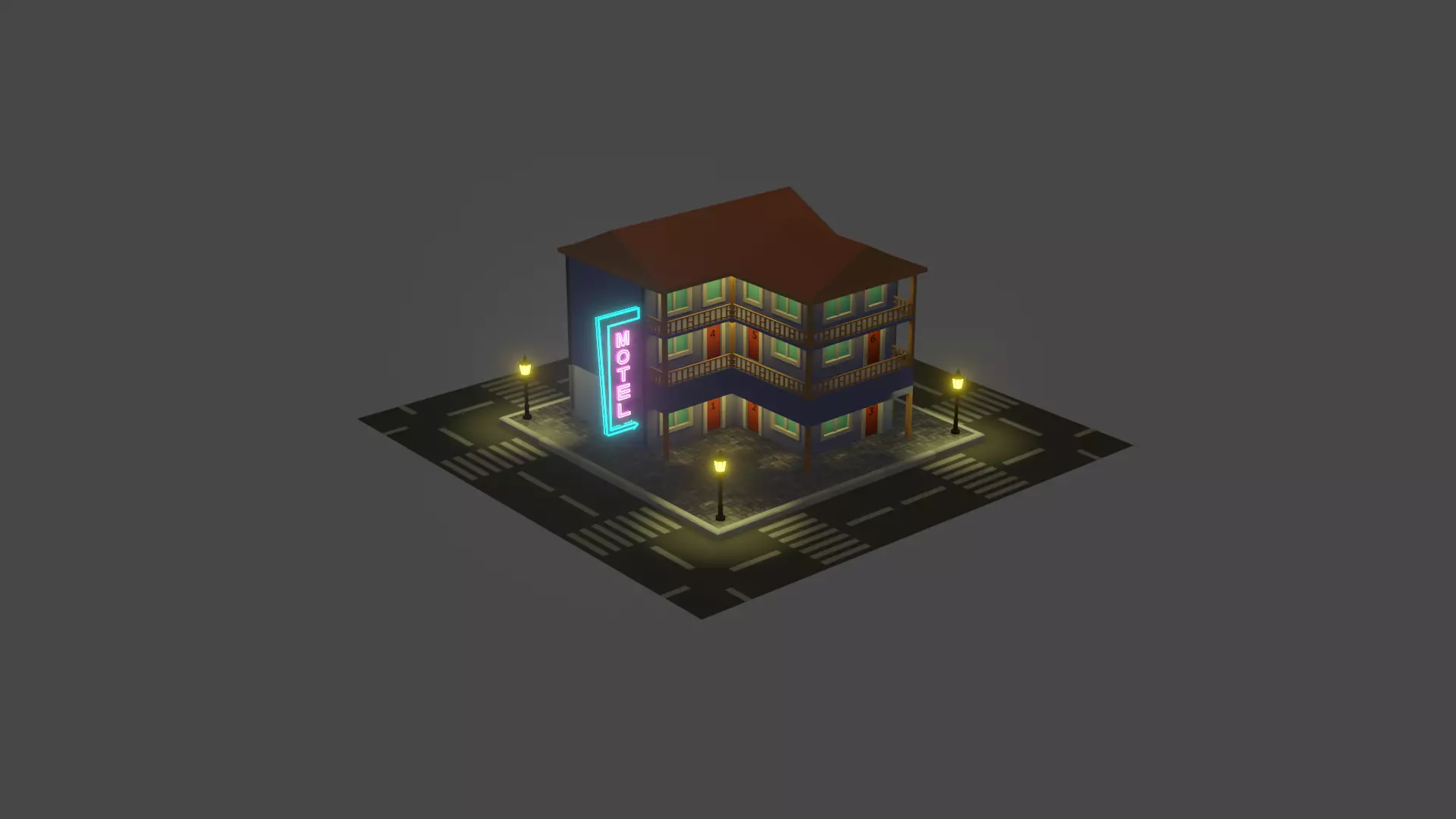 Motel building with neon lights Low-poly 3D model