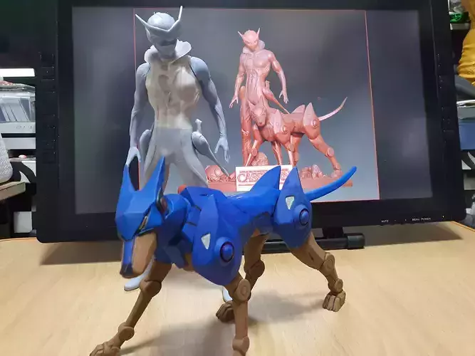 Casshern gold statue with dog