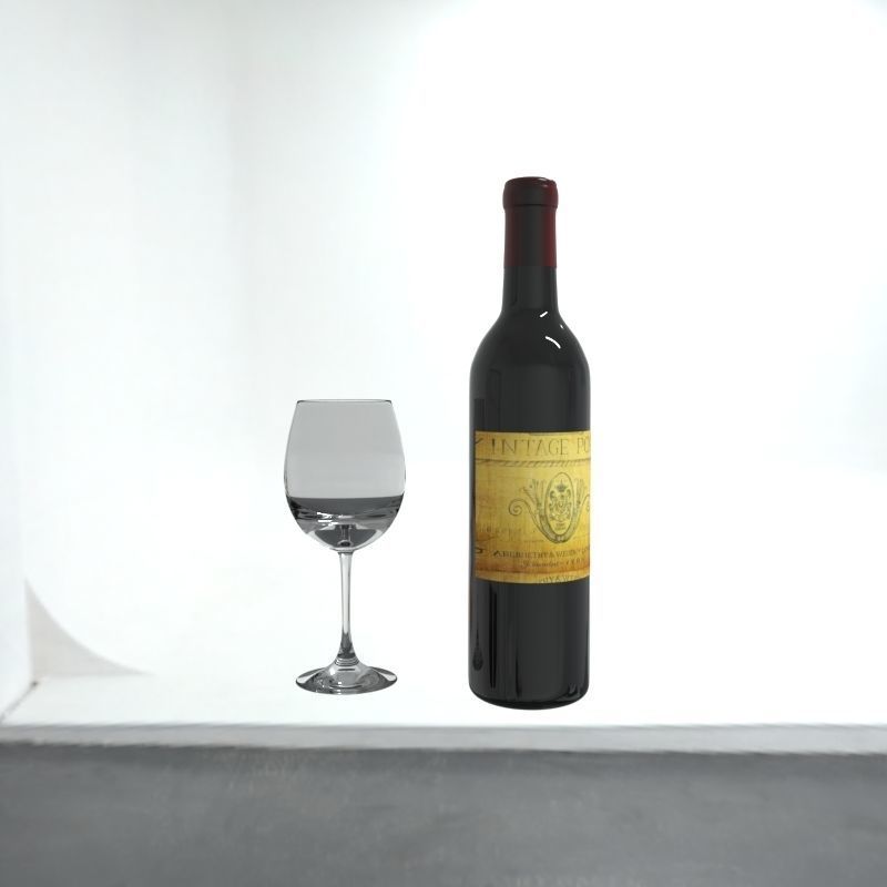 Bottle of wine with a glass 3D model_1
