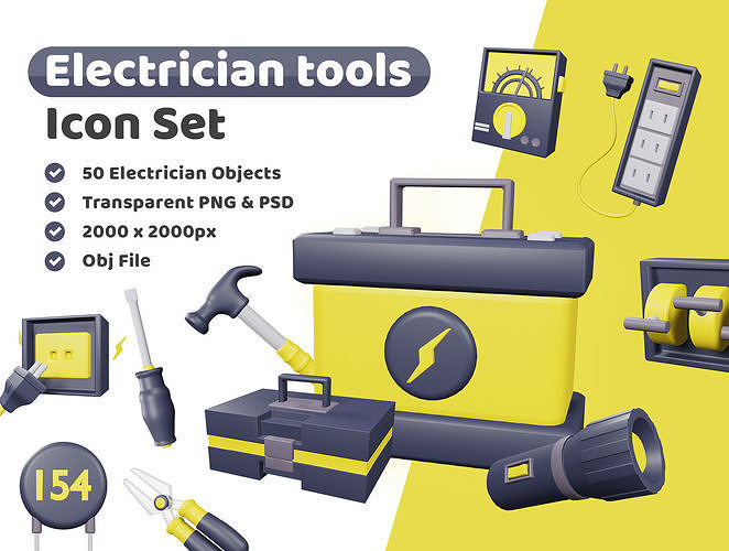 Electrician Tools and Elements Icon Pack 3D Model Low-poly 3D model