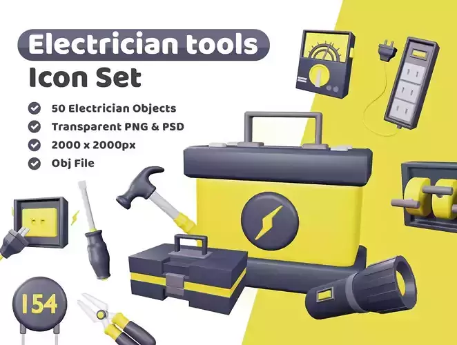 Electrician Tools and Elements Icon Pack 3D Model Low-poly 3D model