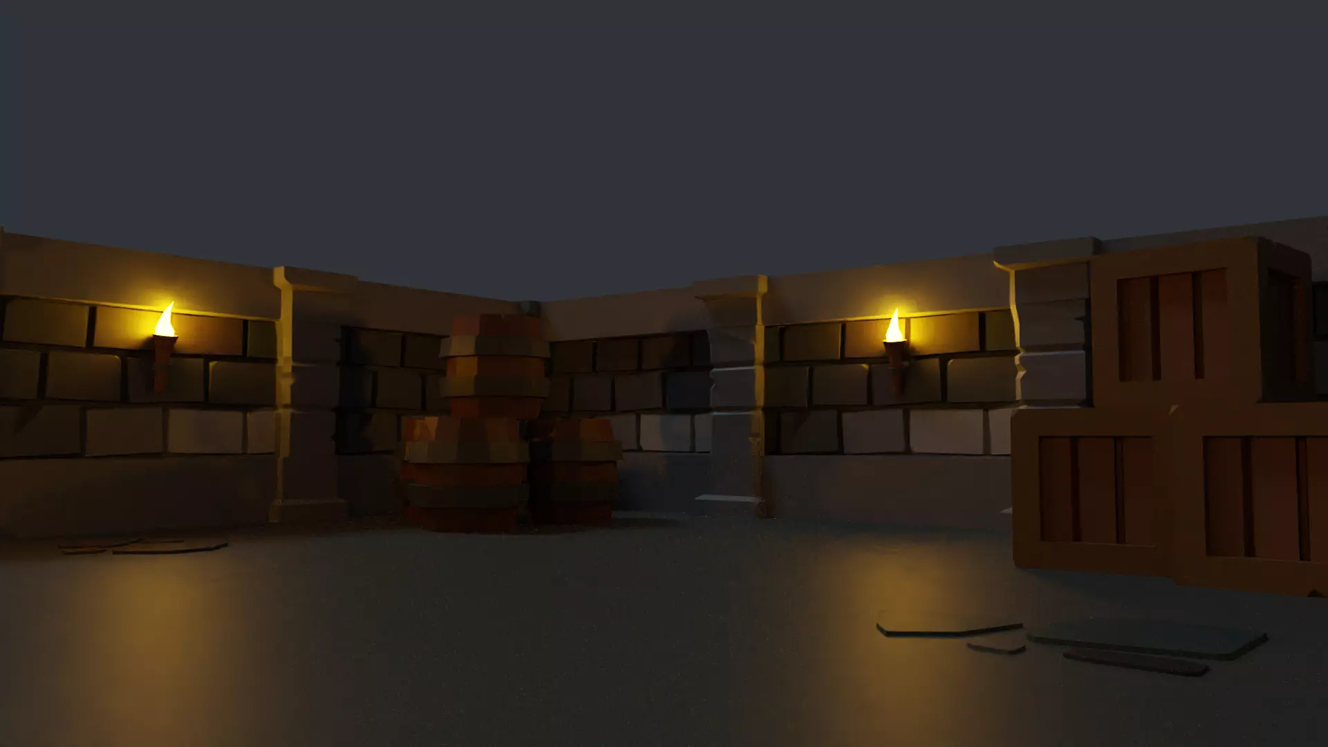 Dungeon room with lights and barrels Low-poly 3D model