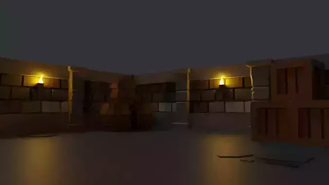 Dungeon room with lights and barrels