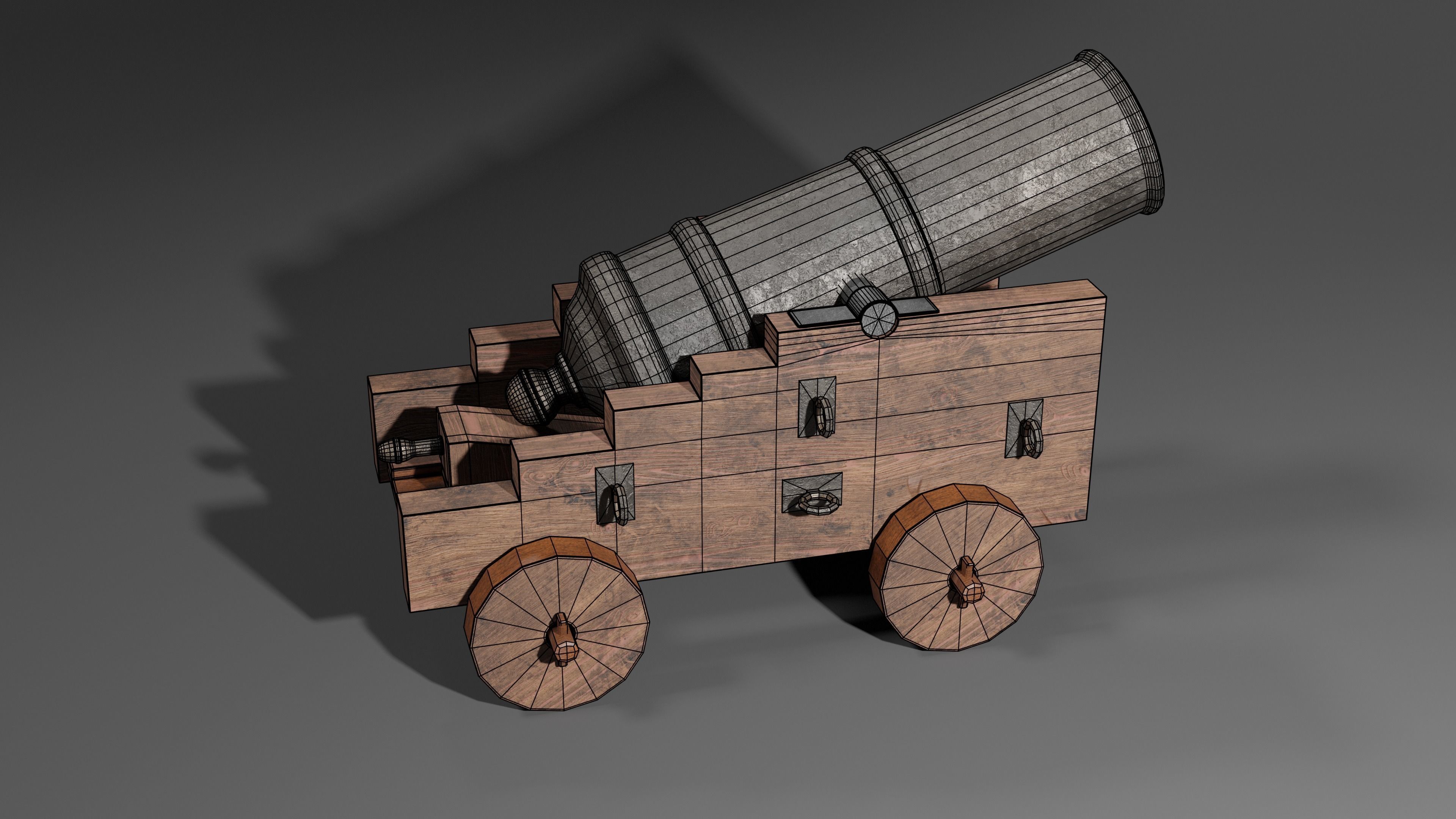 Iron cannon with wooden base 3D model_2