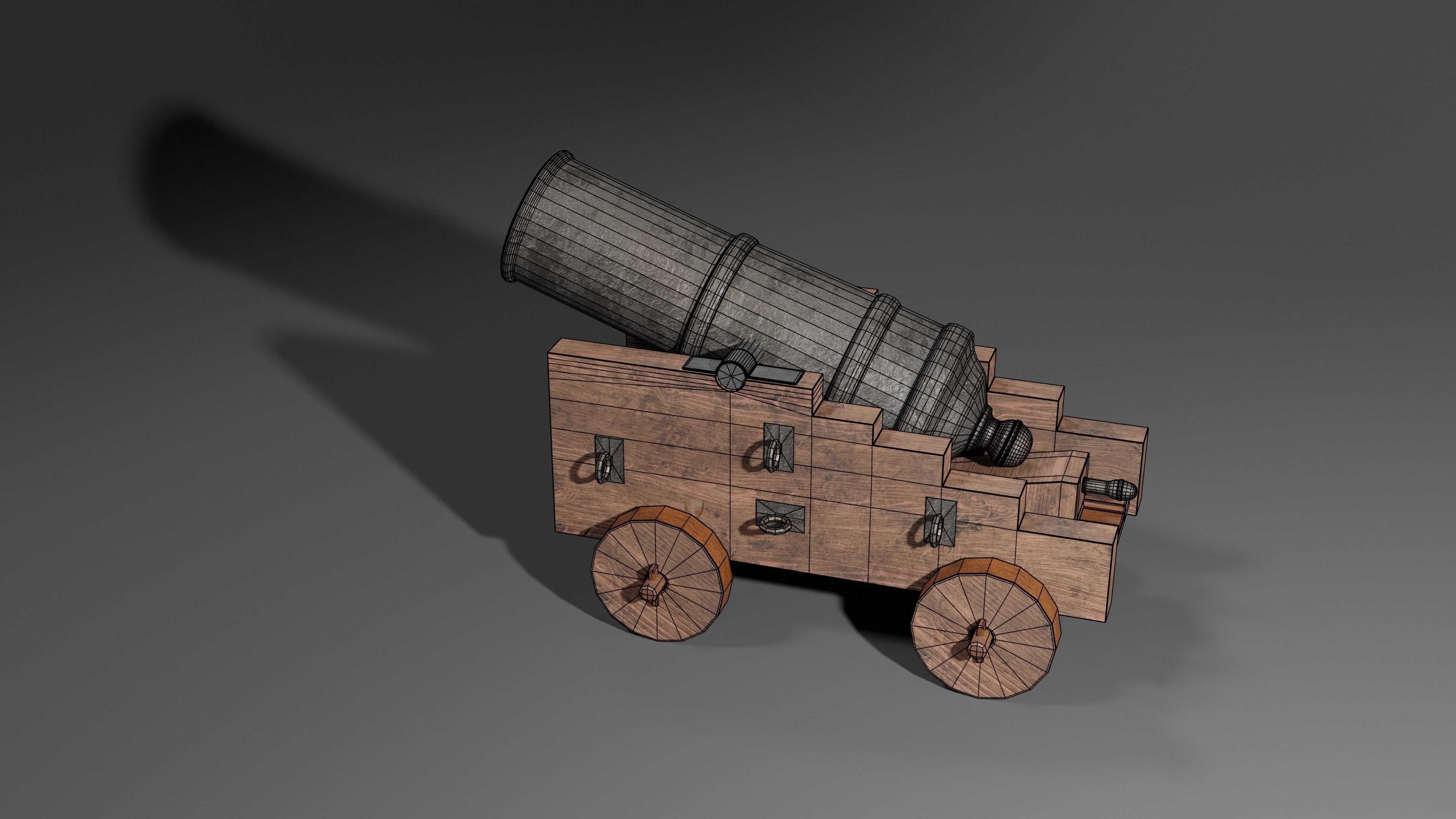Iron cannon with wooden base 3D model_5