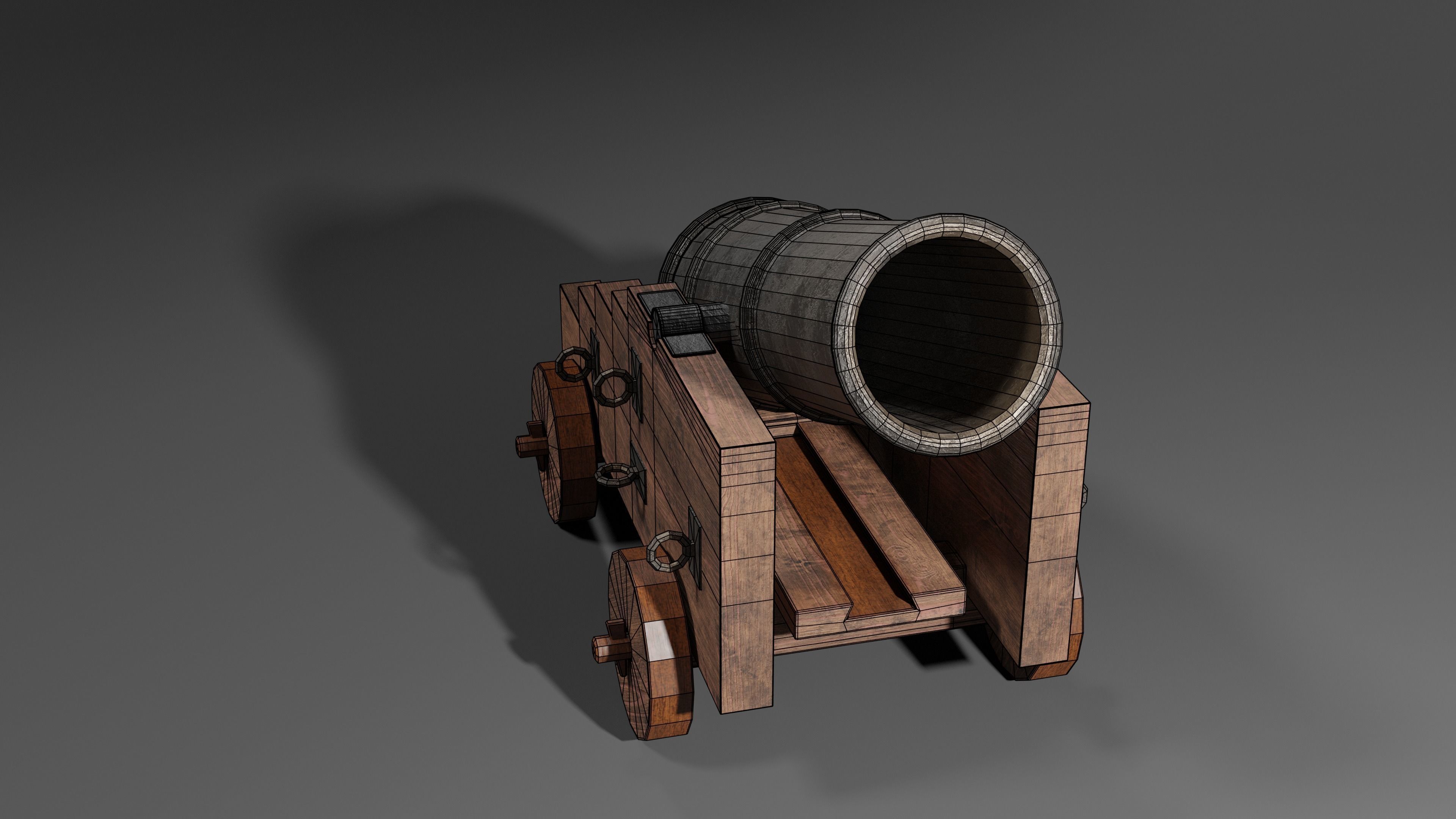 Iron cannon with wooden base 3D model_6