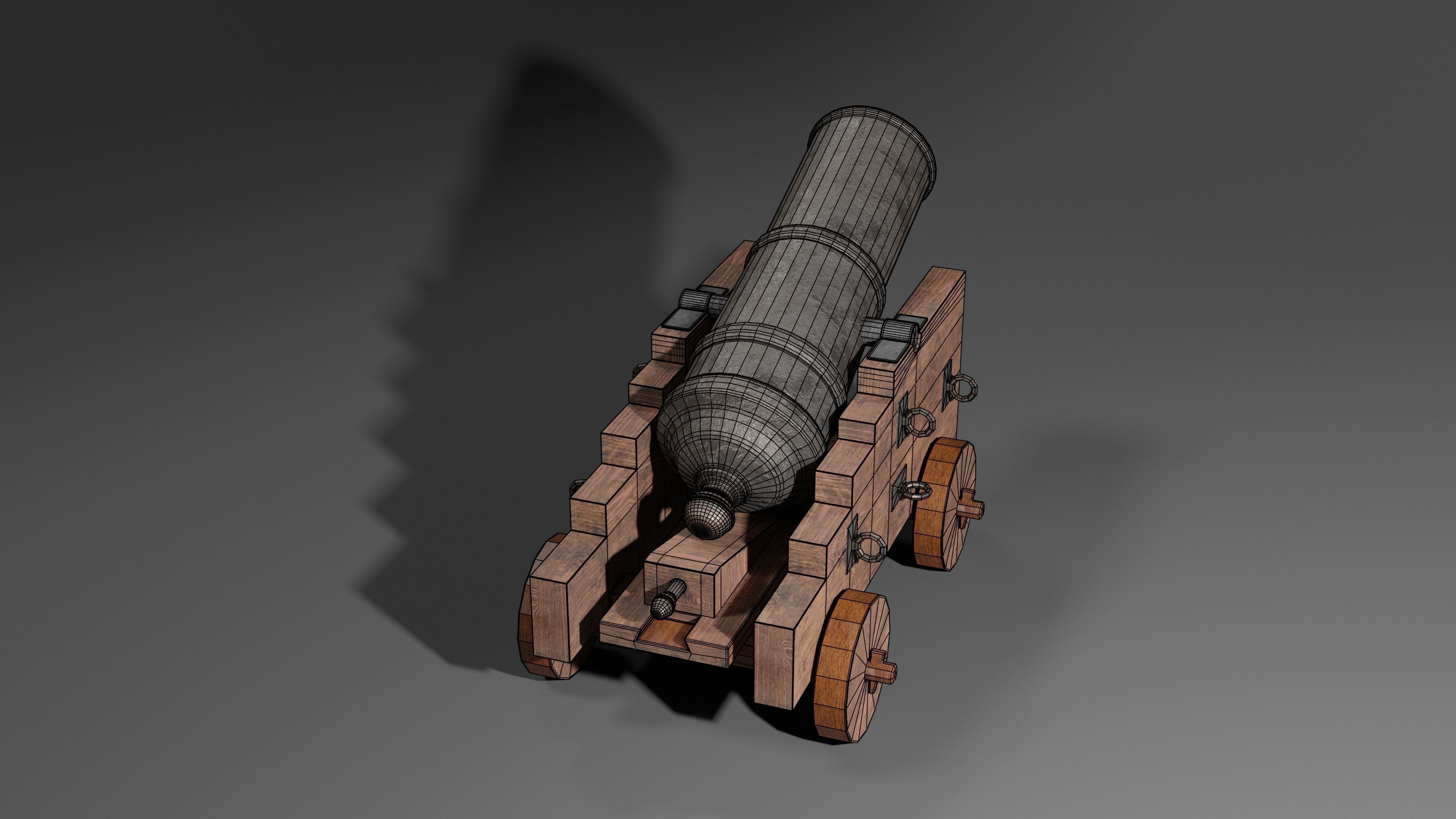 Iron cannon with wooden base 3D model_4