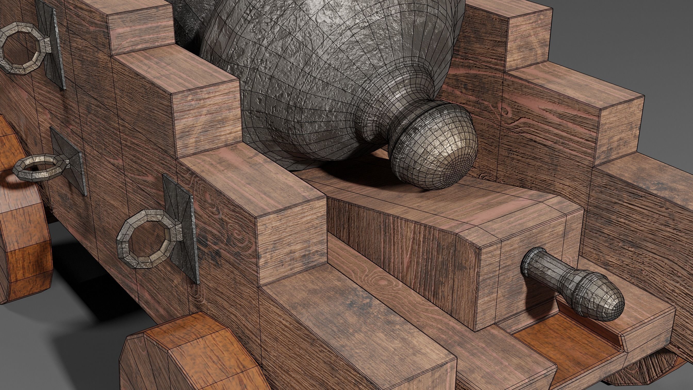 Iron cannon with wooden base 3D model_8