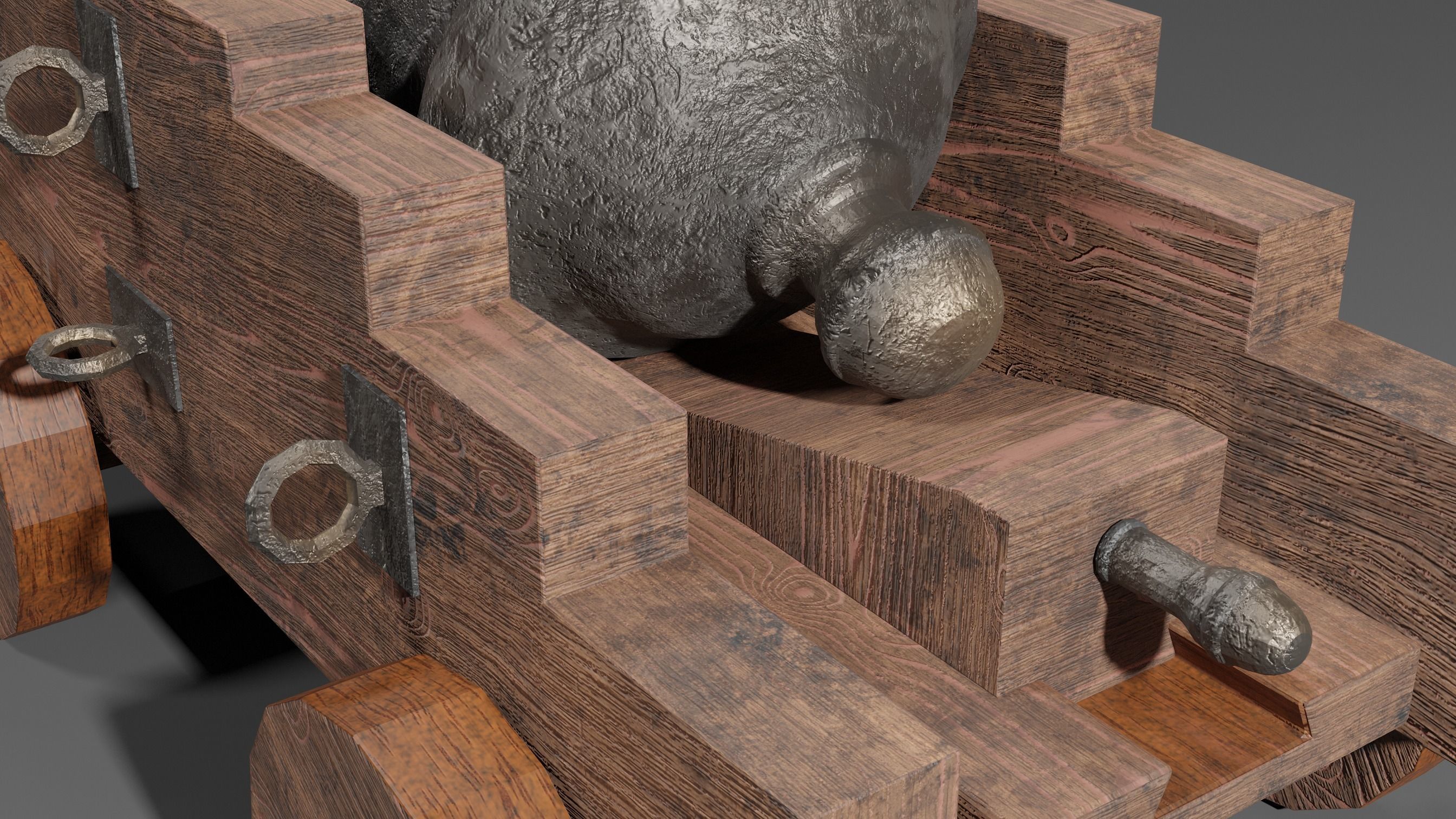 Iron cannon with wooden base 3D model_7