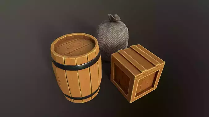 Lowpoly stylized container game asset with barrel box and sack Low-poly 3D model