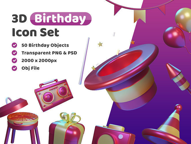 Birthday Icon Pack 3D Model Low-poly 3D model