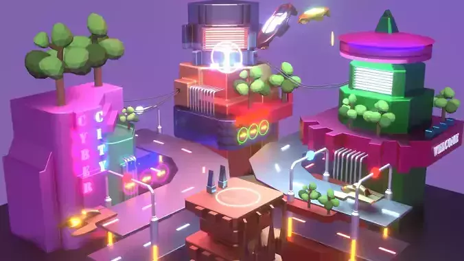 Ski-fi city low poly