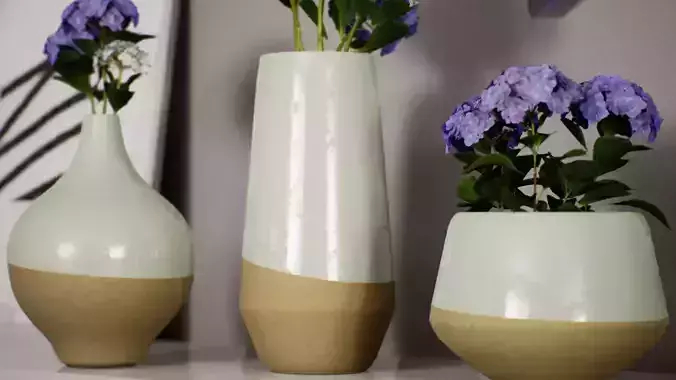 Vase Collection three vases with flowers on shelf