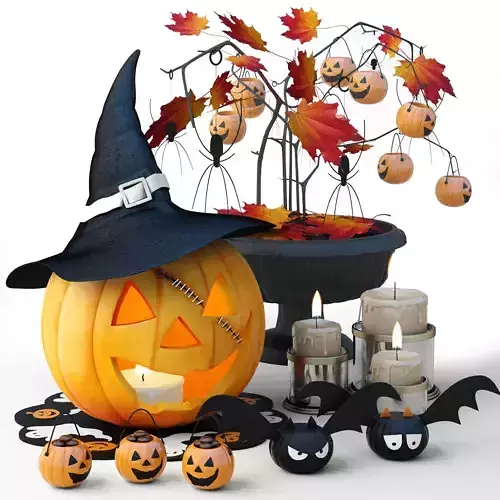 Set Halloween pumpkin with witch hat 3D model