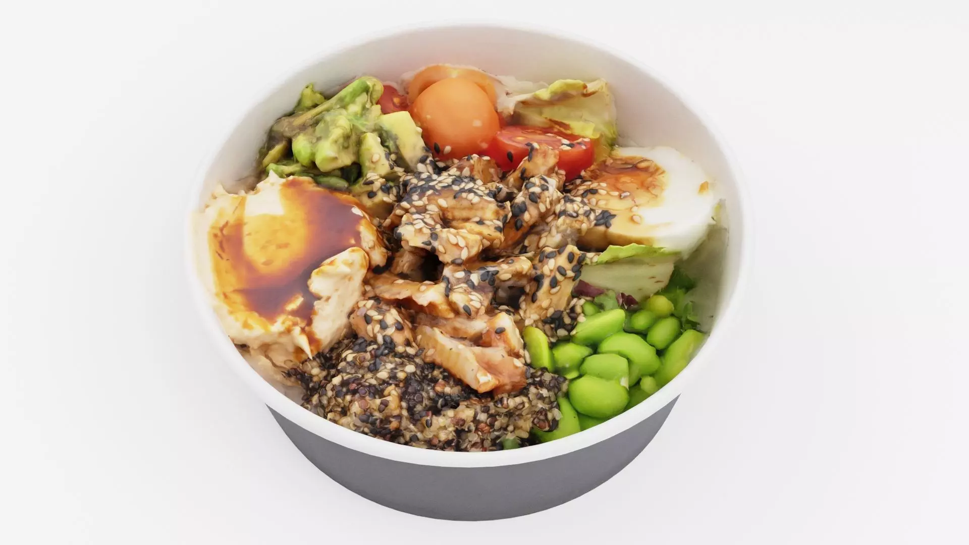 Poke bowl striped prawn or caramote prawn and Teriyaki sauce 3D model