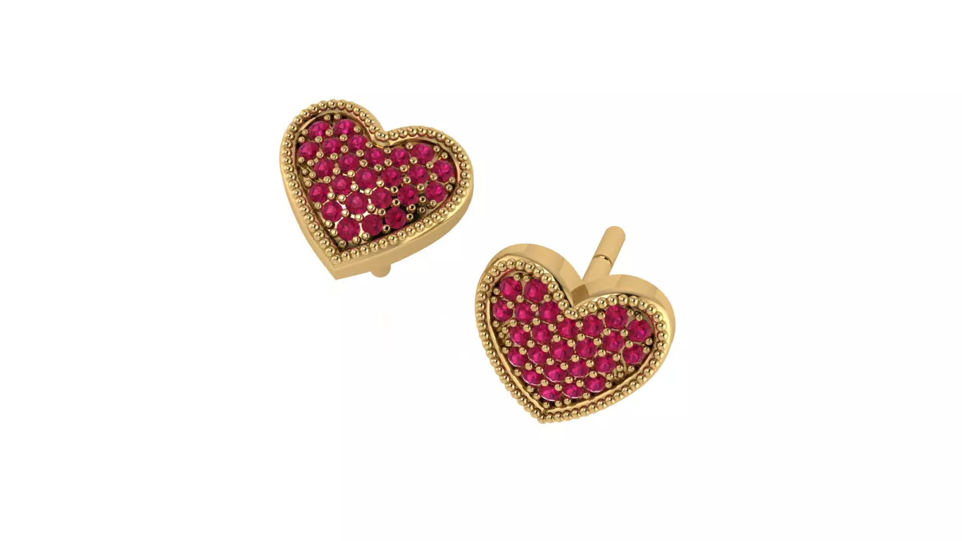 ER-Heart-v2 gold heart stud earrings with ruby stones 3D print model