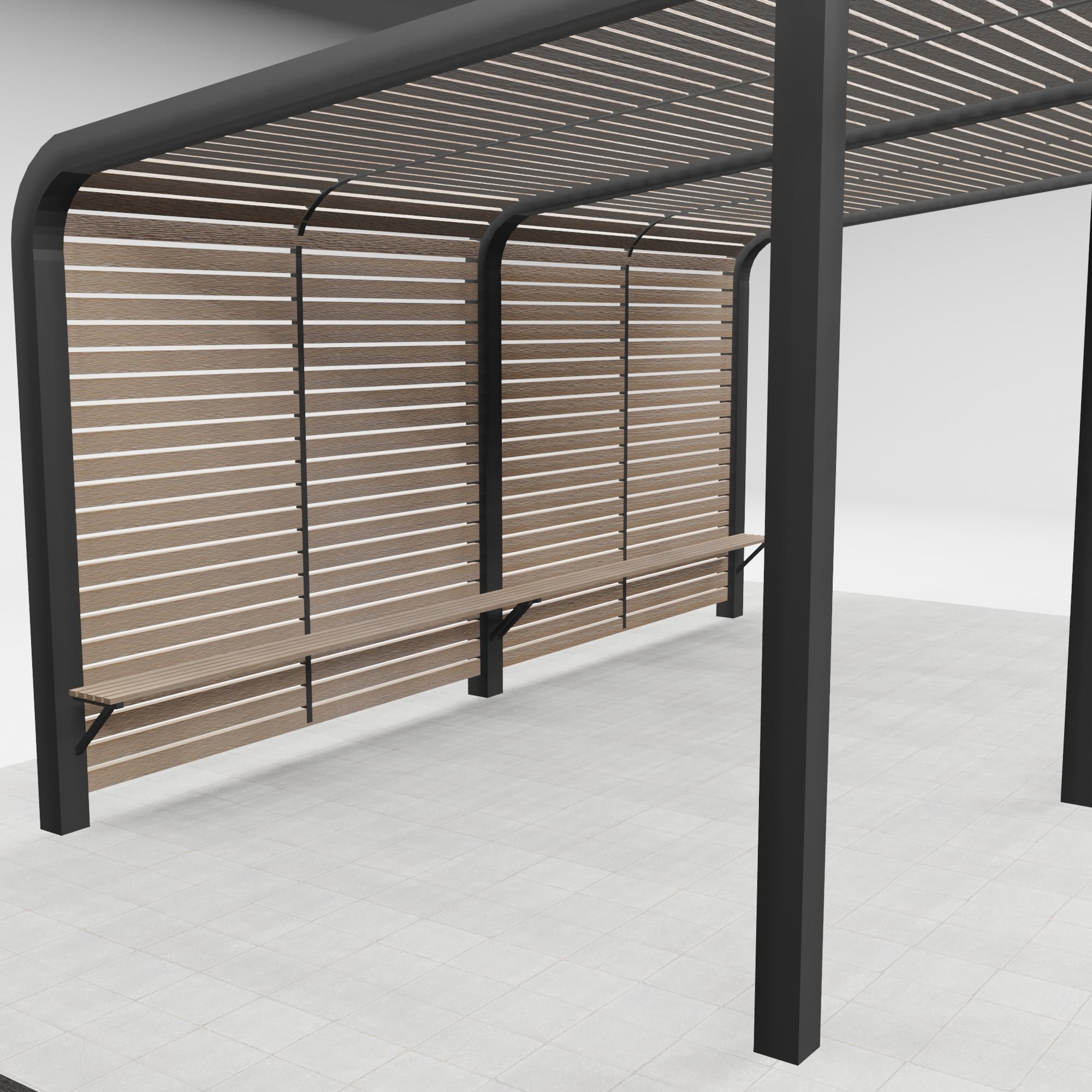 Pergola bus stop with wooden canopy 3D model_2