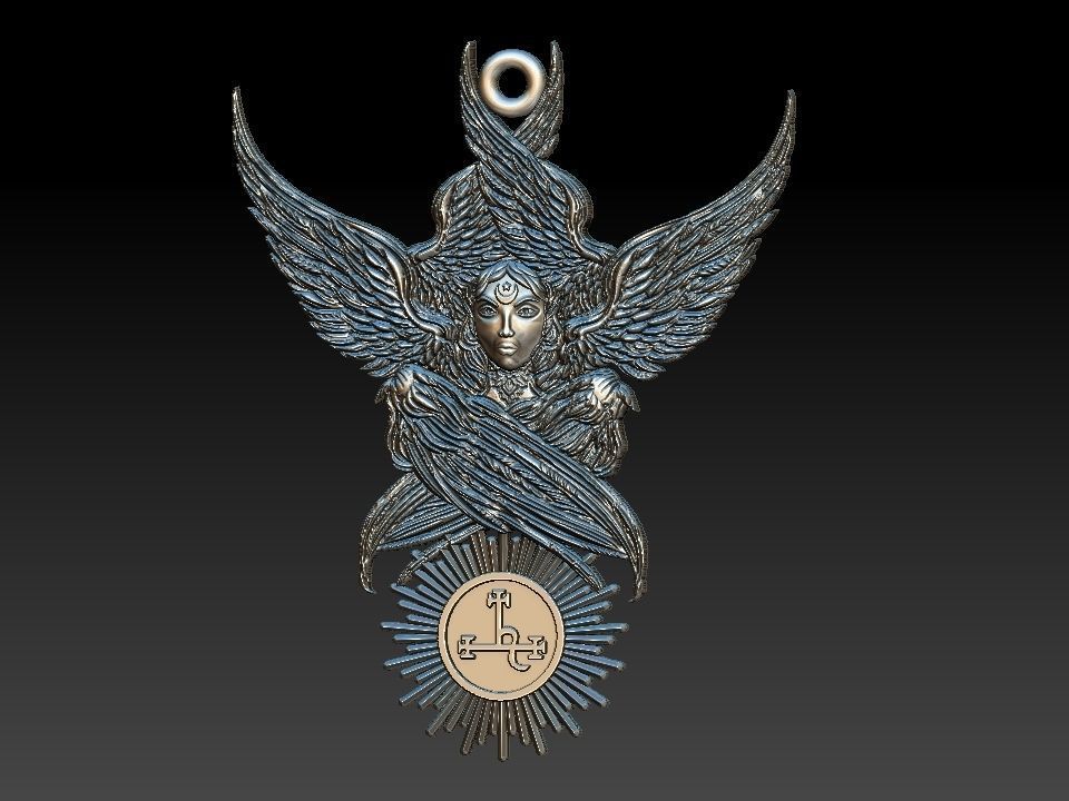 Lilith silver medallion with wings 3D print model_10