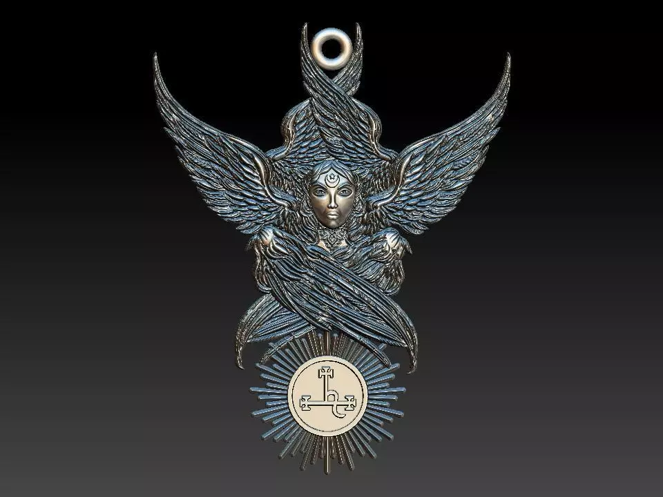 Lilith silver medallion with wings 3D print model_0