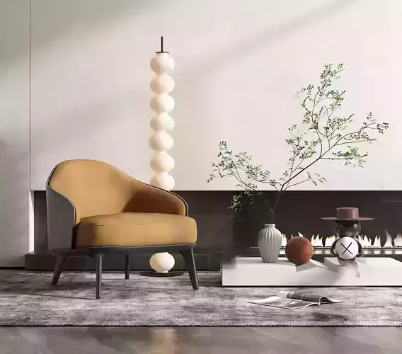 Sofa 3D model modern living room with fireplace and chair