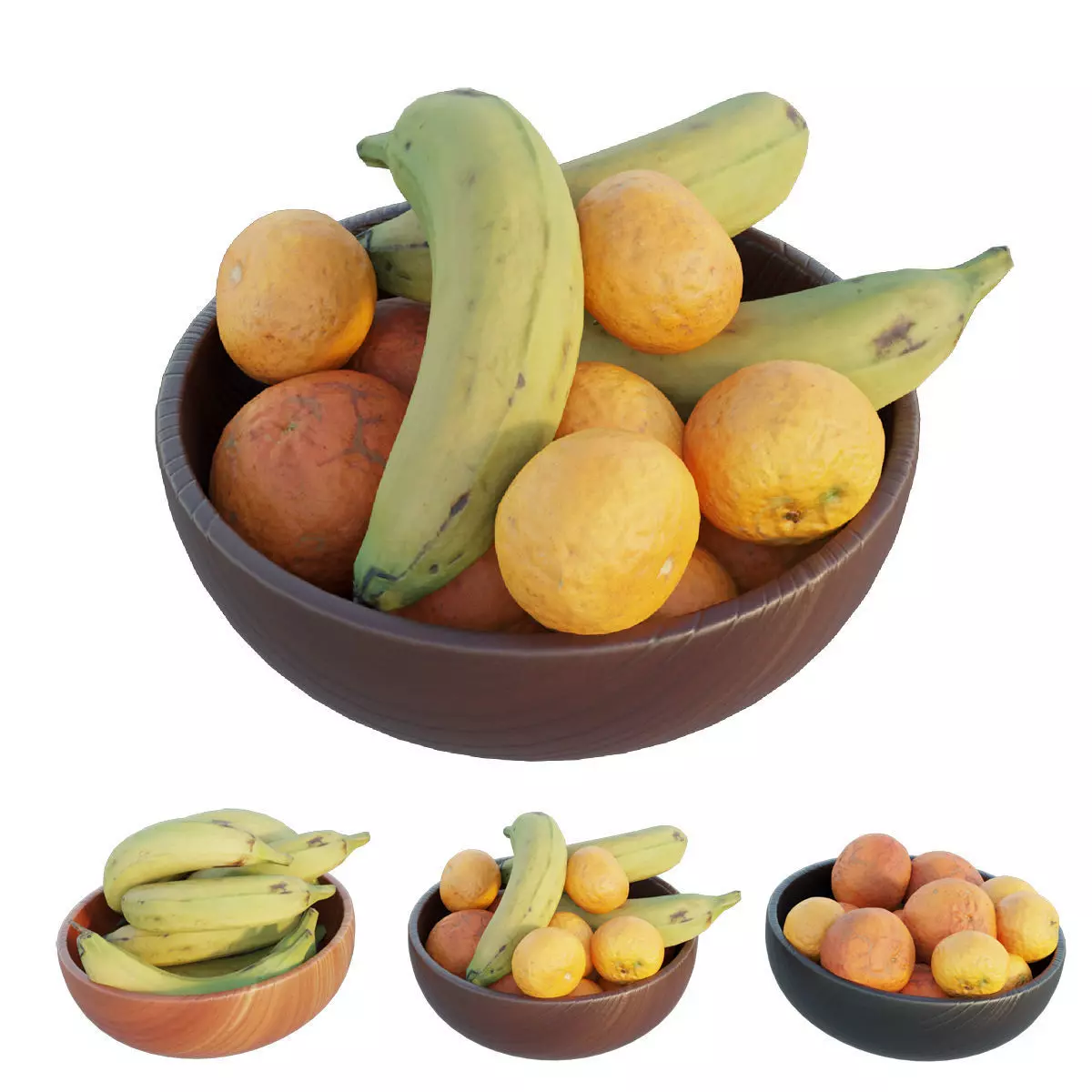 Oranges in a wooden bowl set 03 3D model