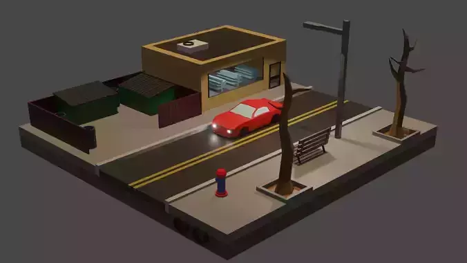 Low Poly street city with car on