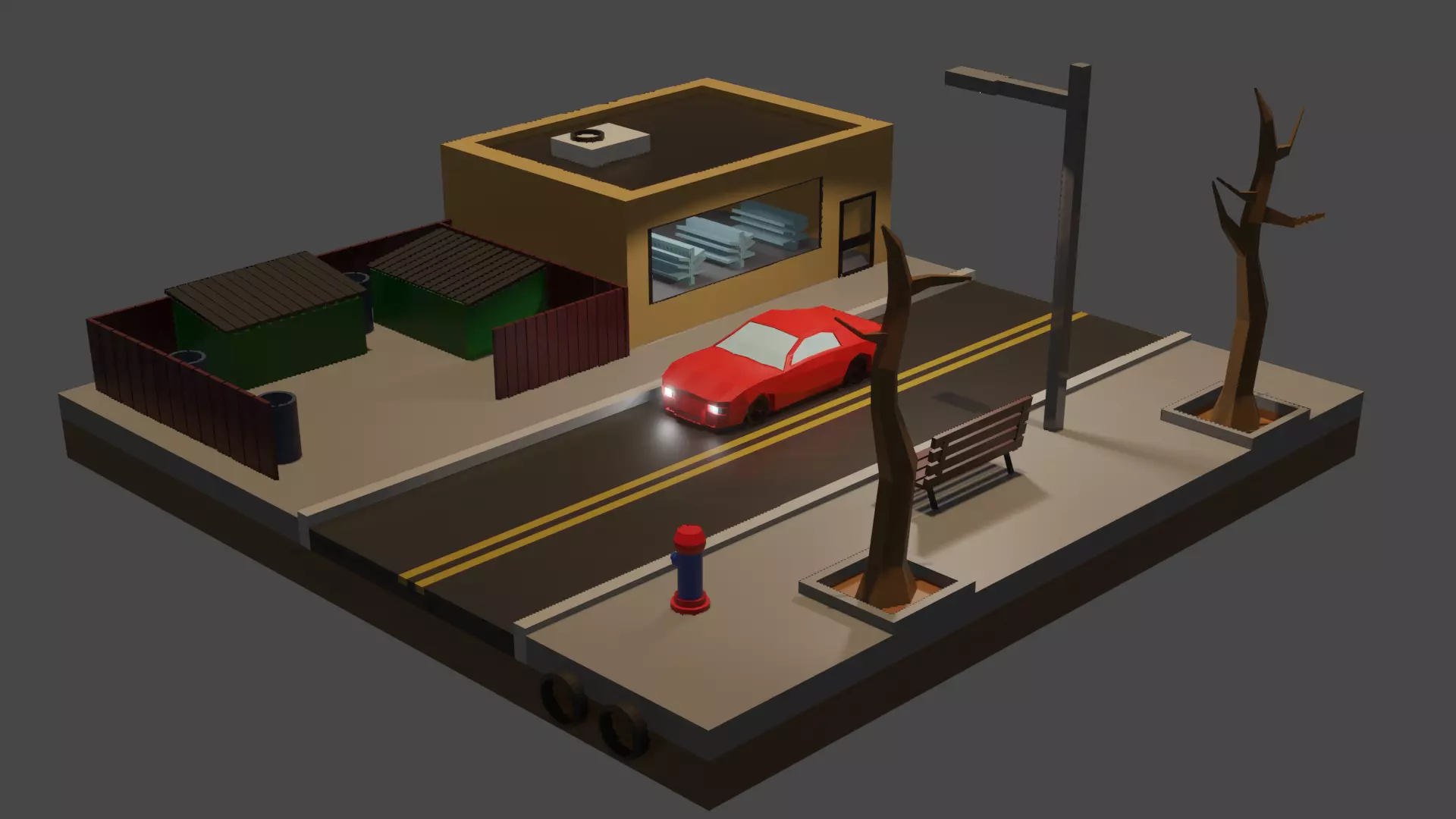 Low Poly street city with car on Low-poly 3D model_0