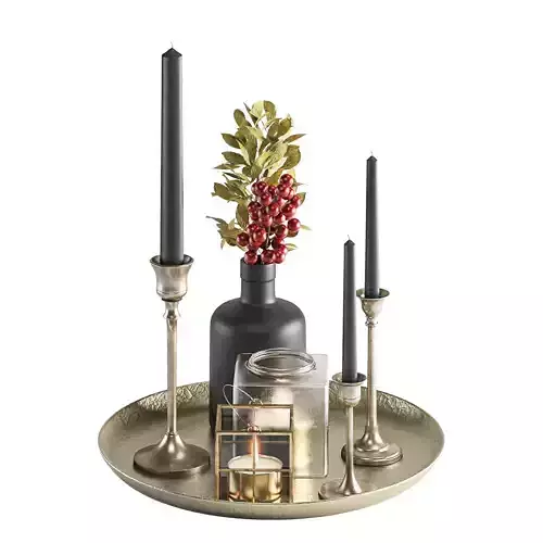 Decorative Set 9 gold tray with candles and holly
