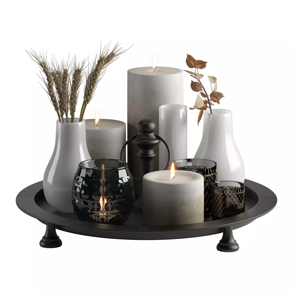 decorative set 5 tray with candles and vases 3D model
