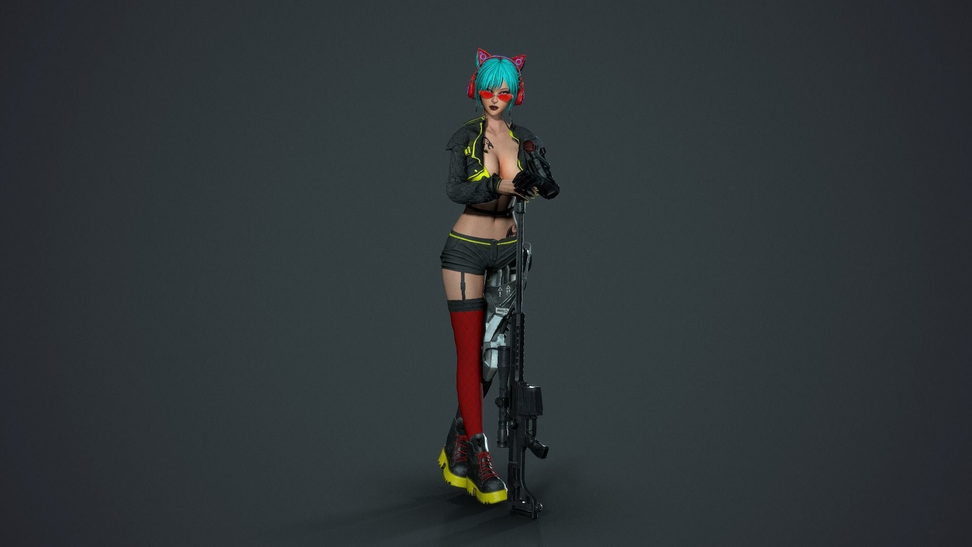 Cyberpunk Sniper Girl - Game Ready Low-poly 3D model_2