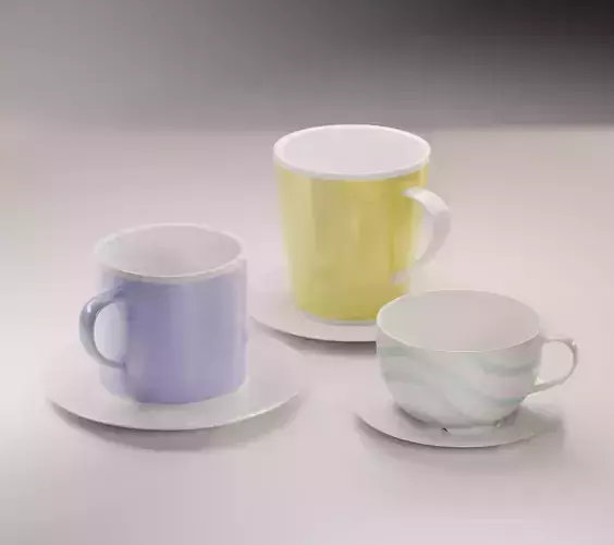 Three Mugs Pack with saucers 3D model 3D model