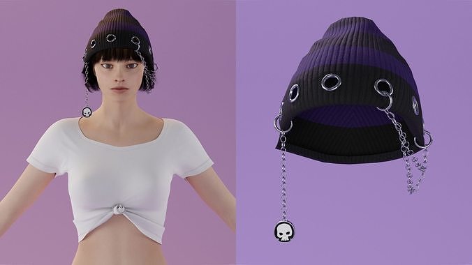 Knitting striped chain beanie hat only v13 purple color  3D model