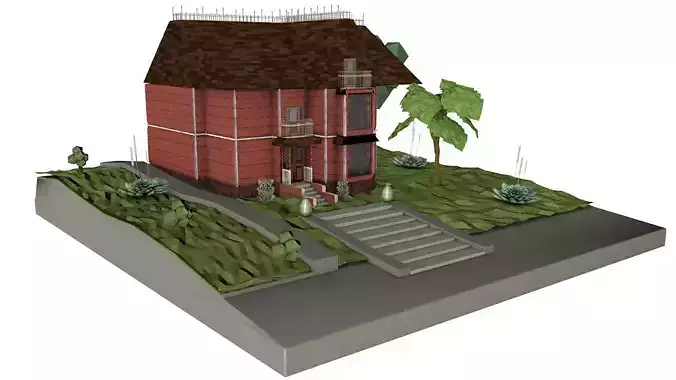 Low poly House on hill with palm trees