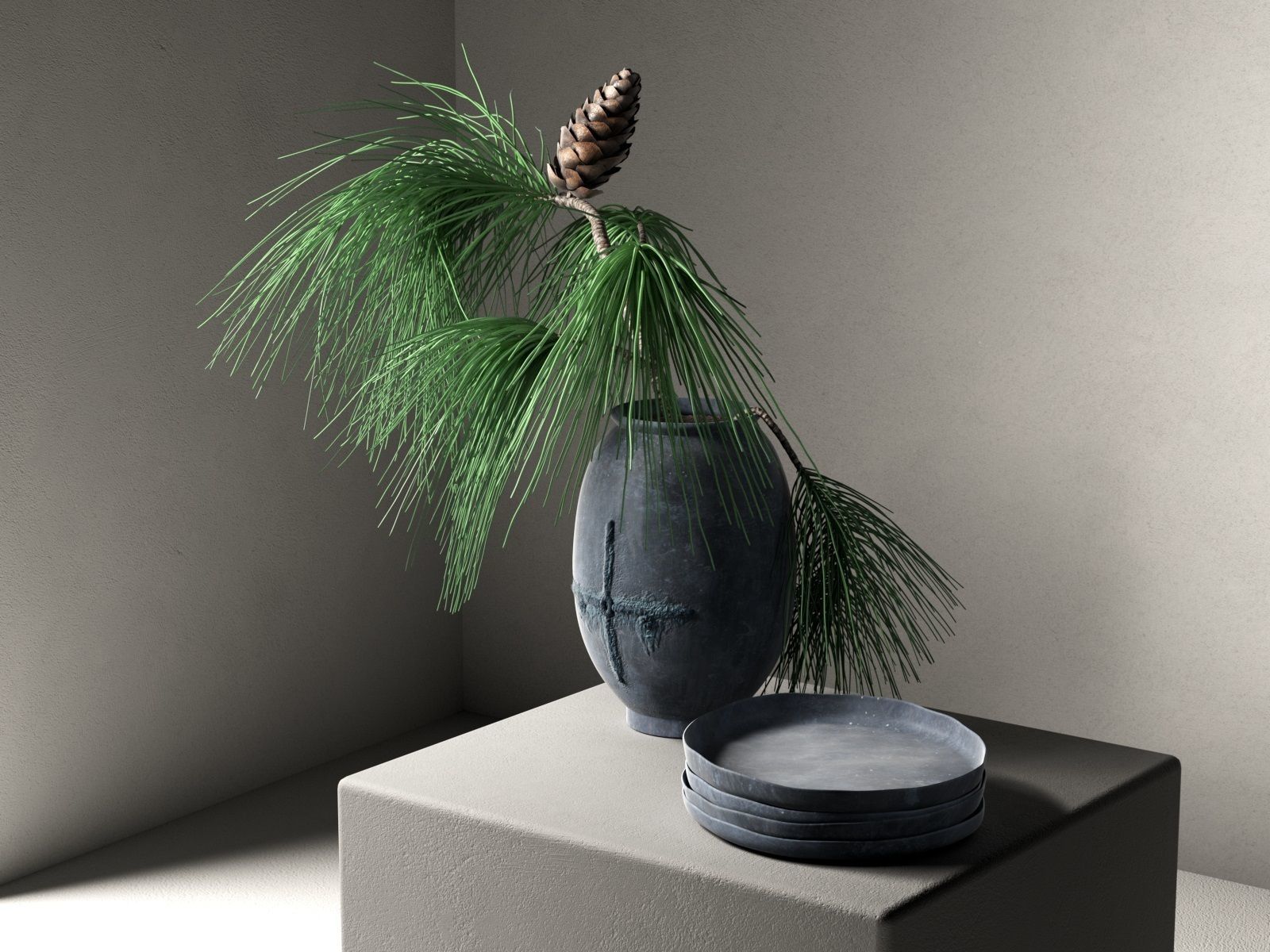Vase Bowls with Pine Branch 3D model_1