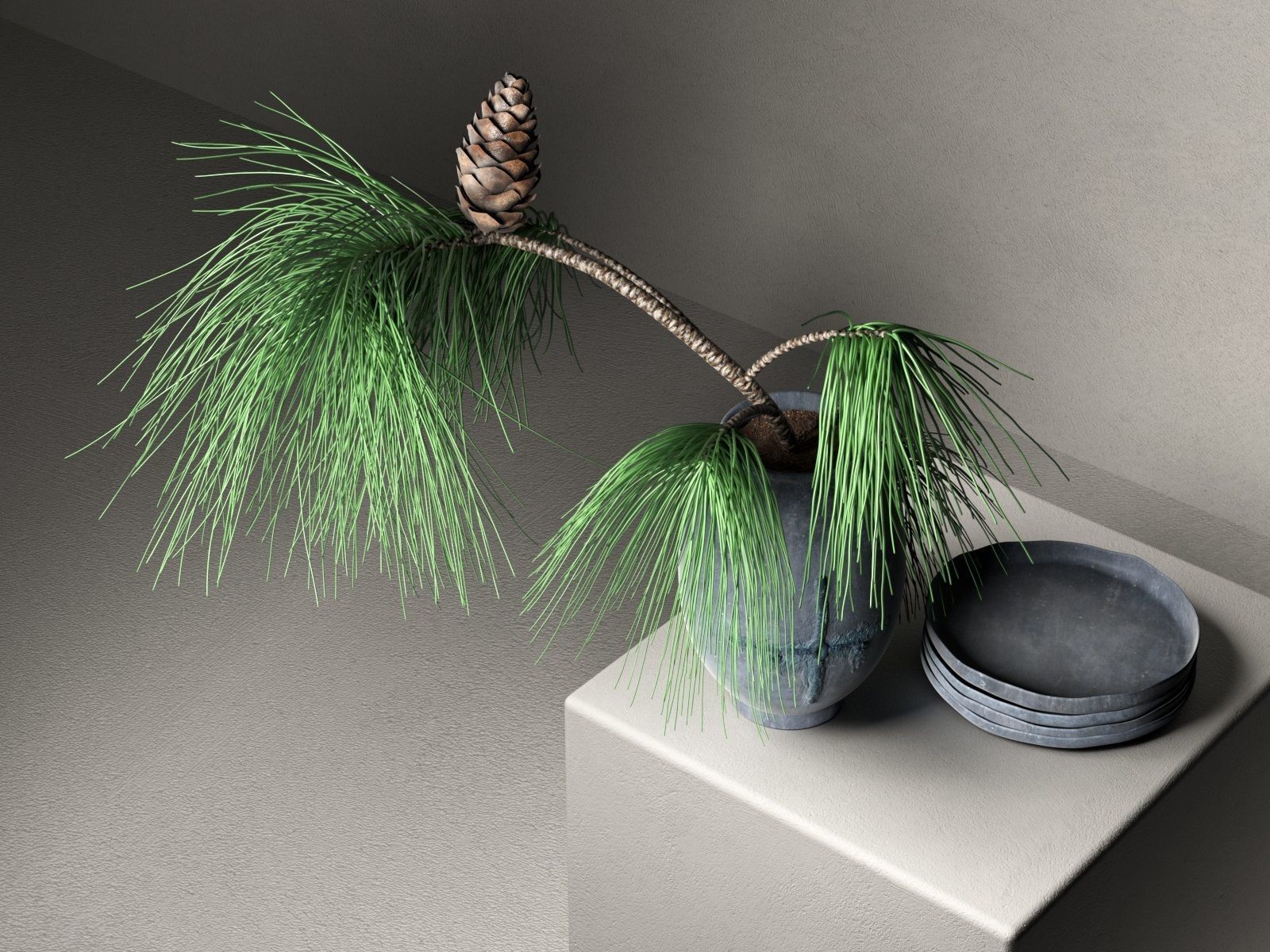 Vase Bowls with Pine Branch 3D model_2
