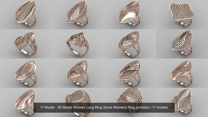 17 Model-  3D Model Women Long Ring Stone Womens STL printable 3D Model Collection