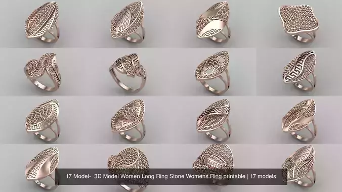 17 Model-  3D Model Women Long Ring Stone Womens STL printable 3D Model Collection