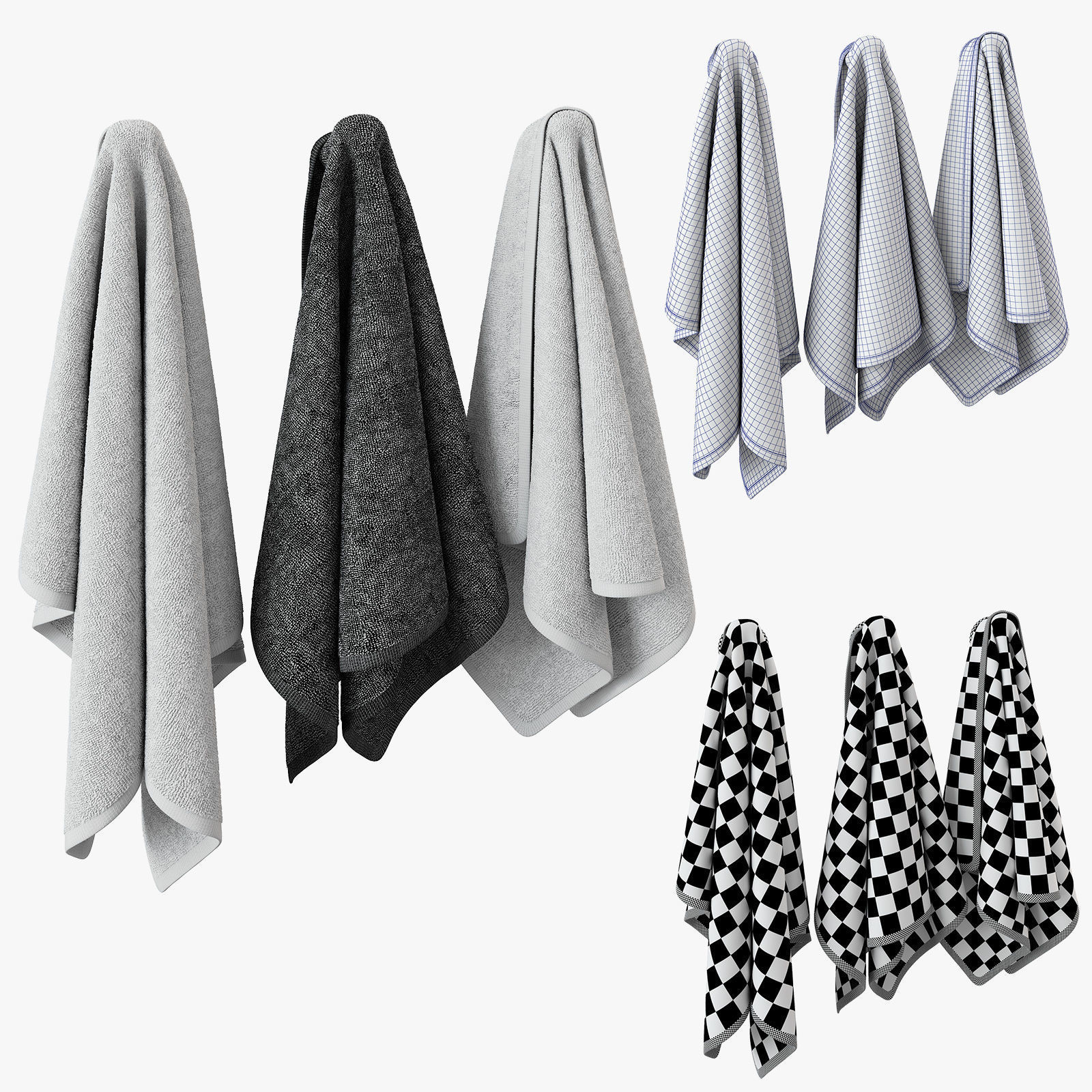 Black and white Towels Set 3D model_4