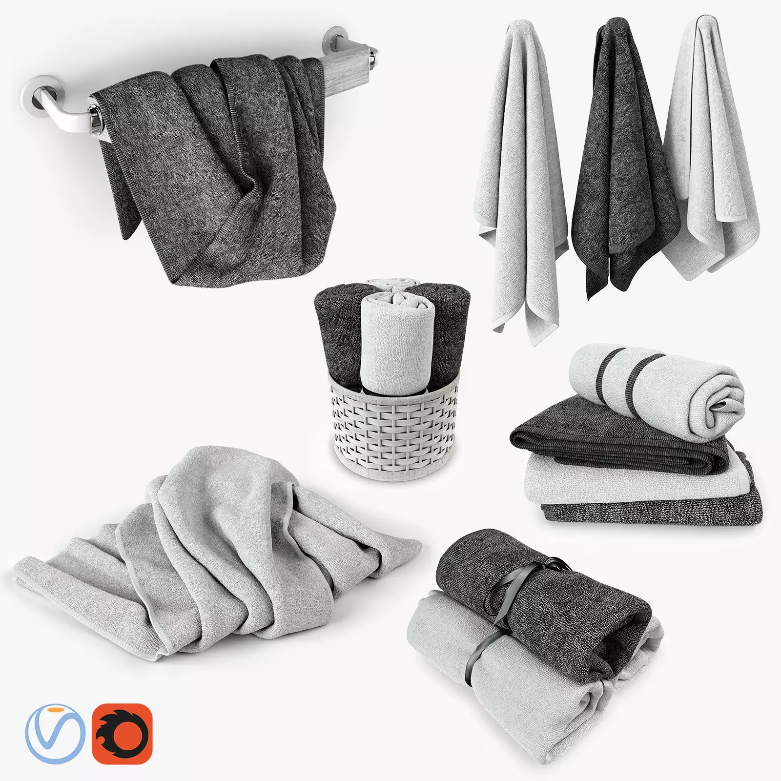 Black and white Towels Set 3D model_0