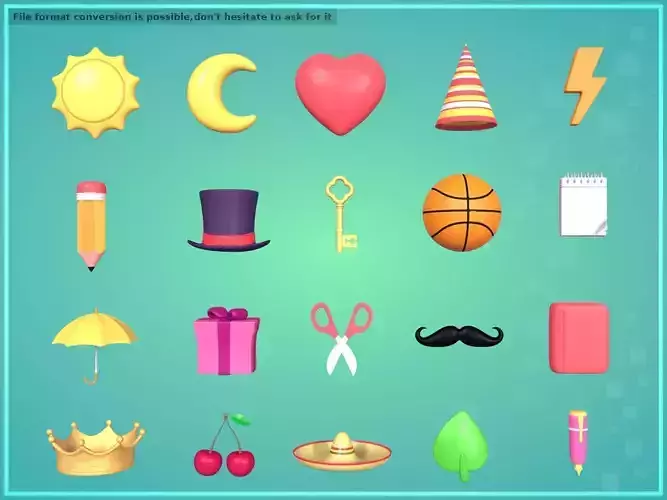 Cartoon Icons Pack - Sun - Star - Heart - Hat Low-poly 3D model