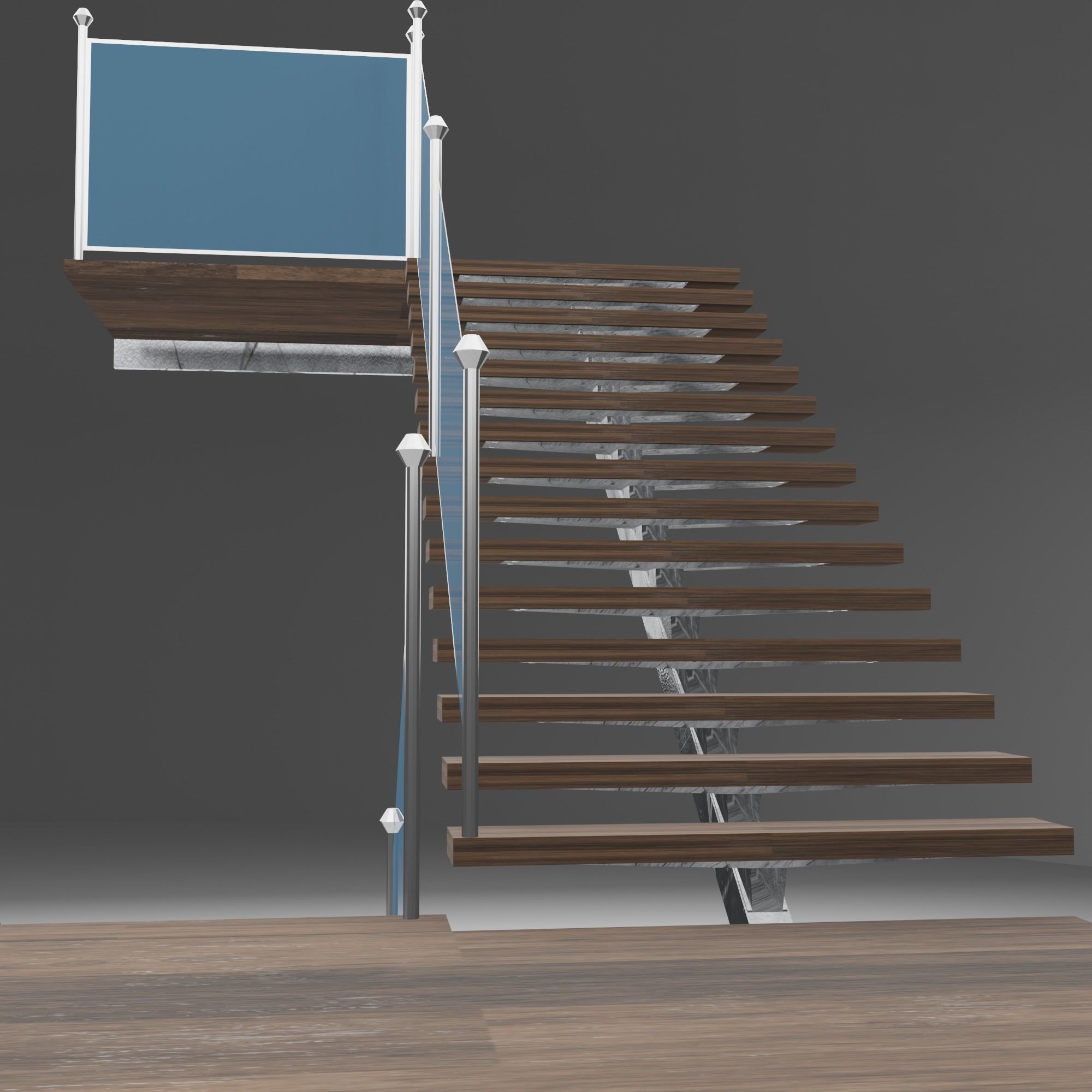 Stairs wooden staircase with glass railings 3D model_2