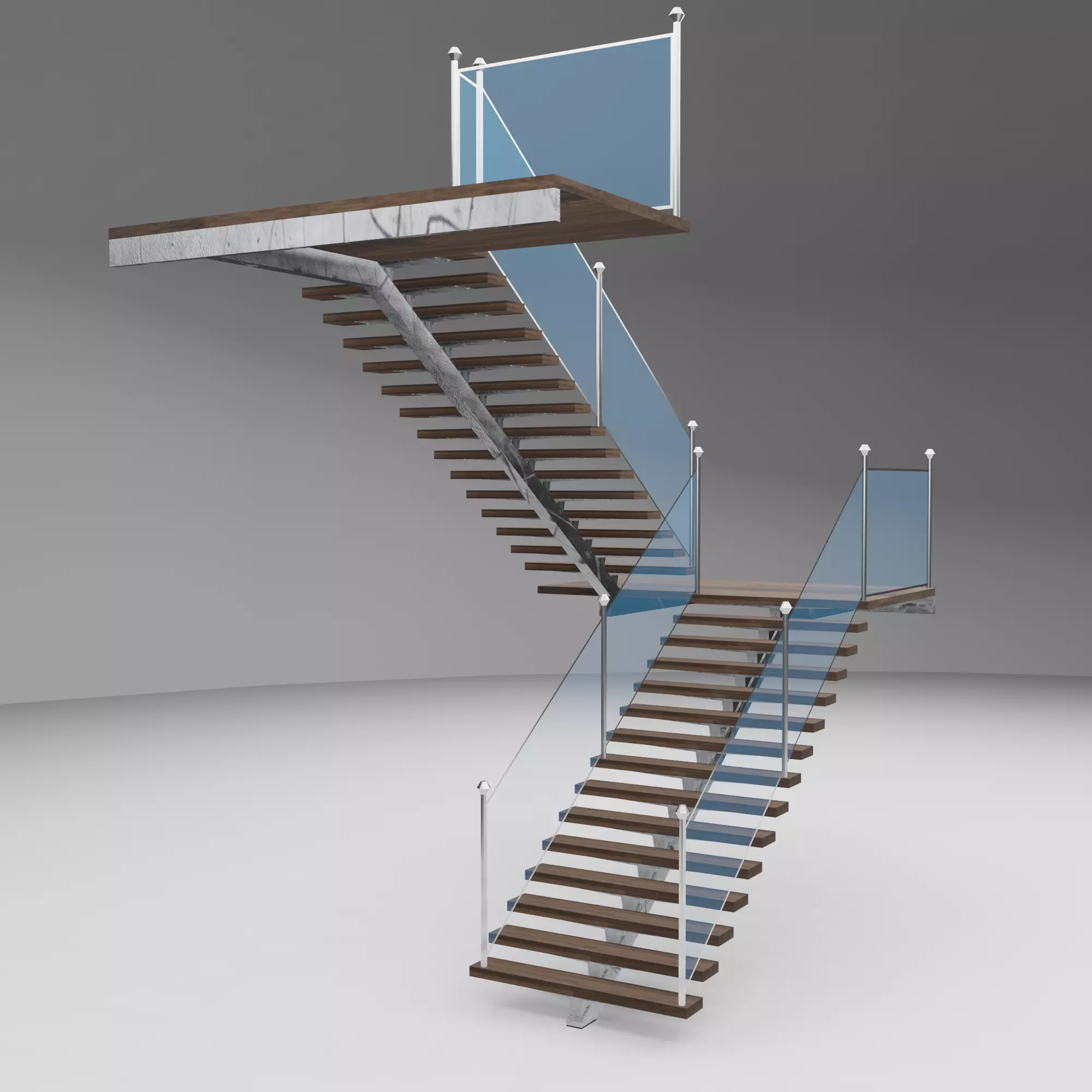 Stairs wooden staircase with glass railings 3D model_0