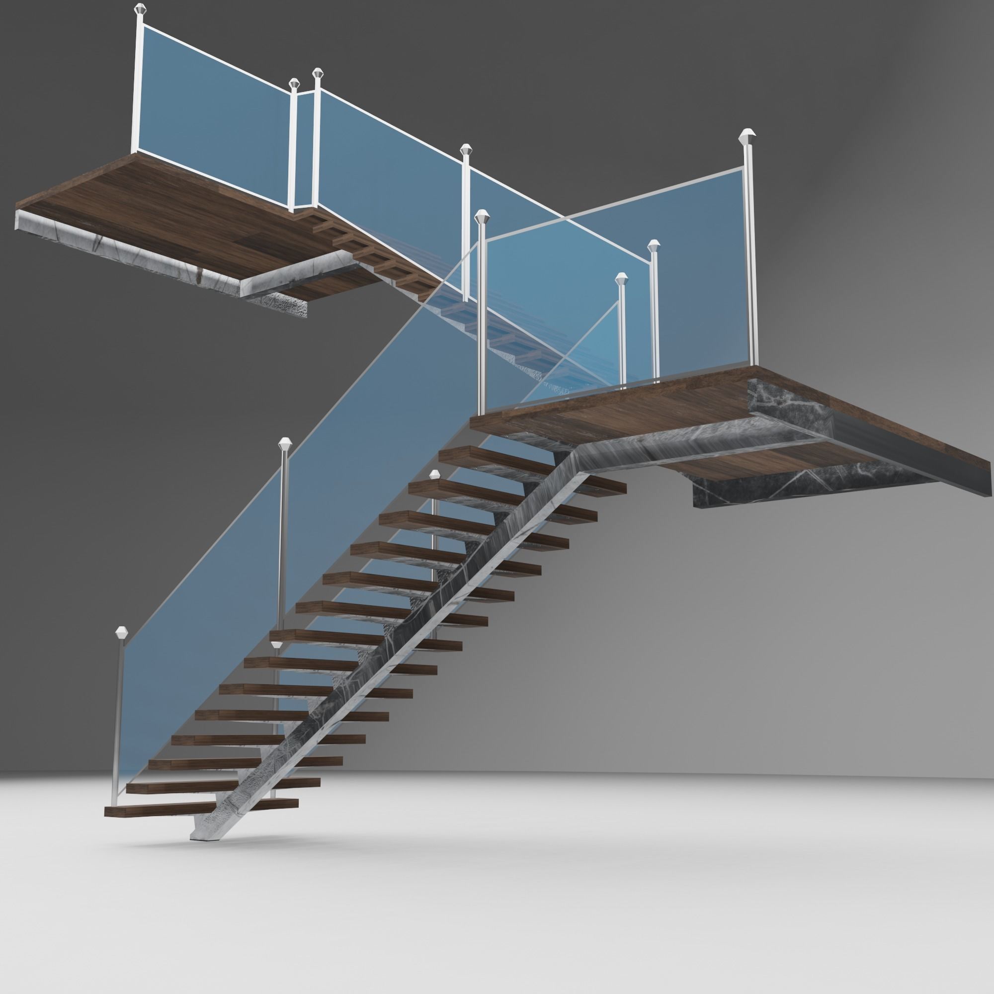 Stairs wooden staircase with glass railings 3D model_3