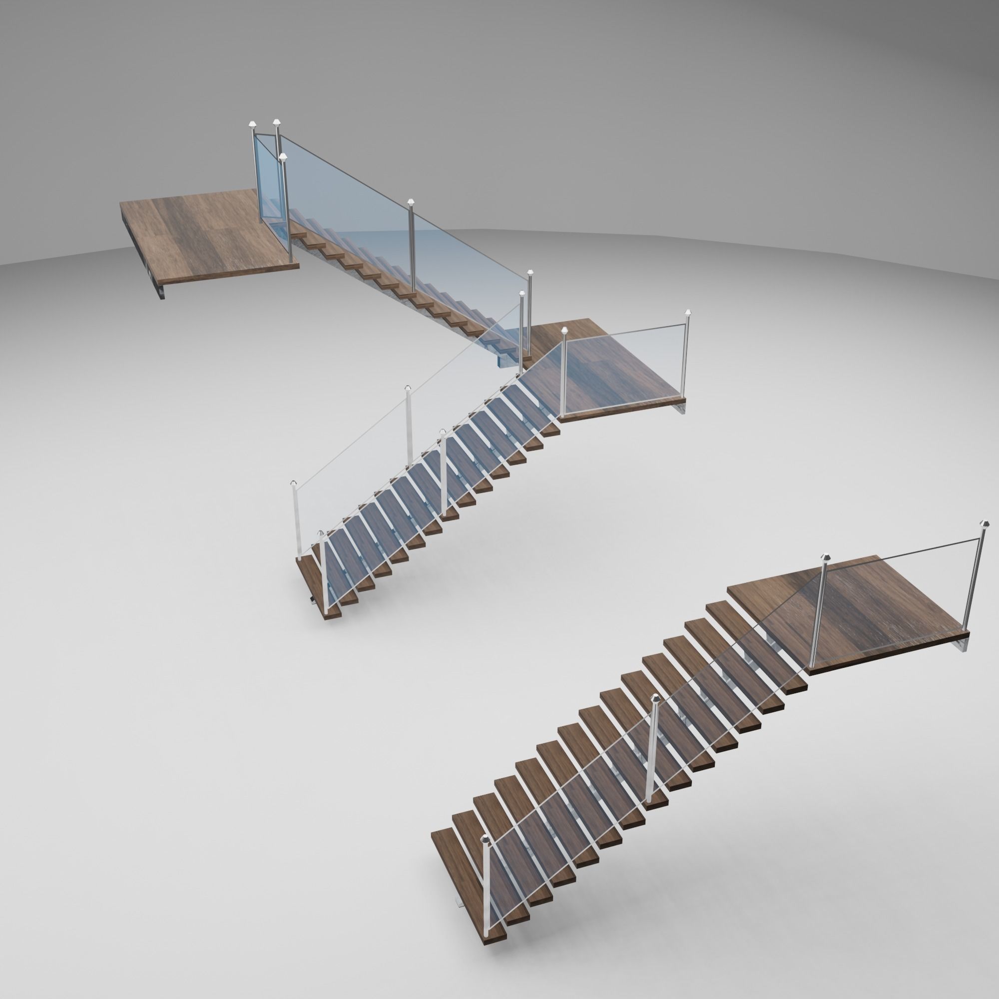 Stairs wooden staircase with glass railings 3D model_5
